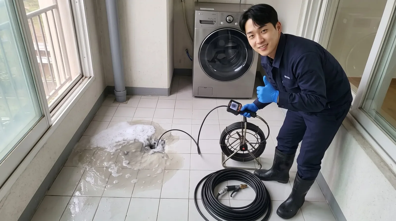 경기 동부권 세탁실 배수구 역류 현장에서 배관내시경을 든 기술자